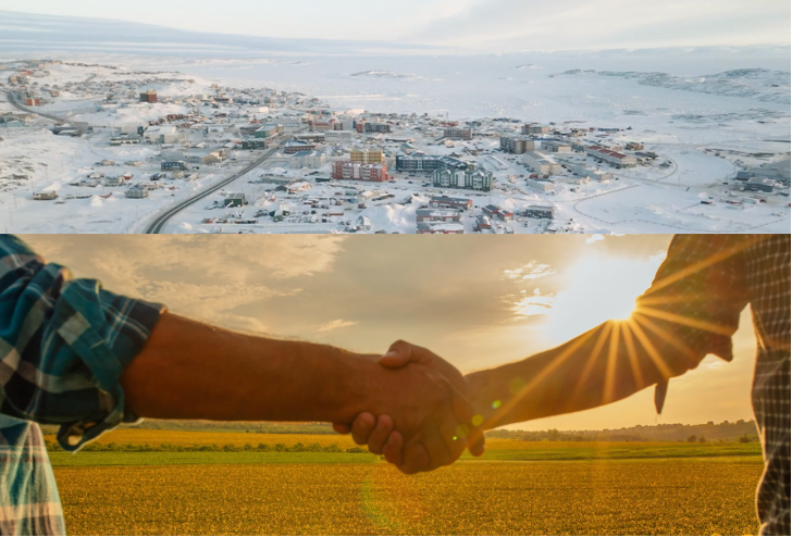 The picture is split into 2. The top is an image of a town covered in snow. The bottom is an image of people shaking hands on a sunny cornfield.